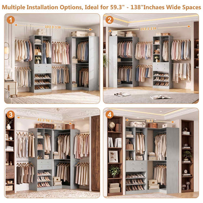 5-11.5 FT Adjustable All-In-One Closet Storage System with Drawers, Hanging Rods & Adjustable Shelves