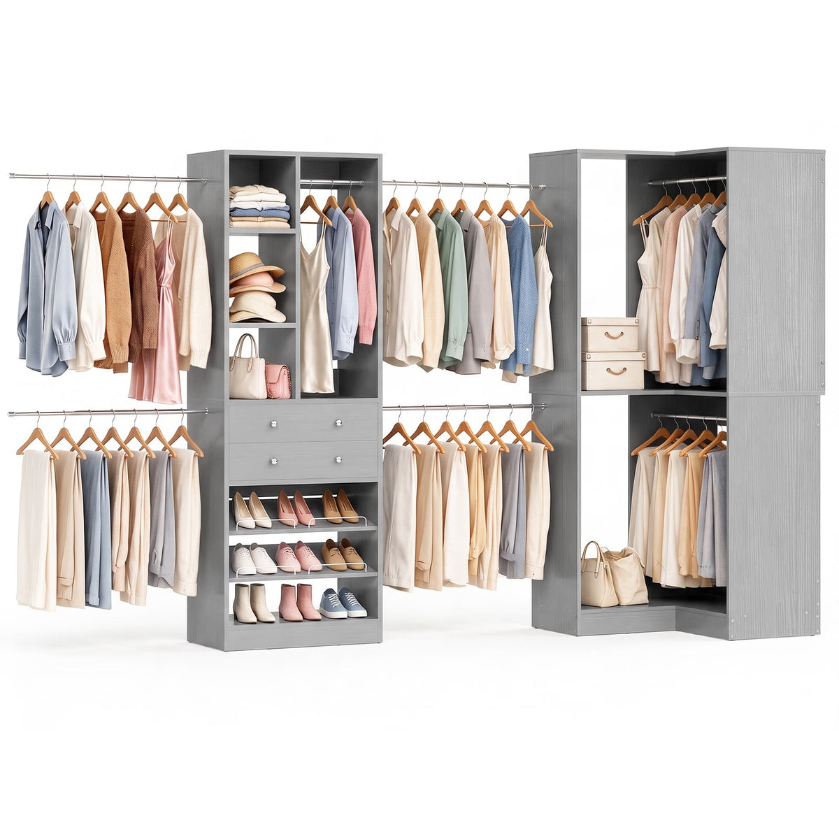 5-11.5 FT Adjustable All-In-One Closet Storage System with Drawers, Hanging Rods & Adjustable Shelves