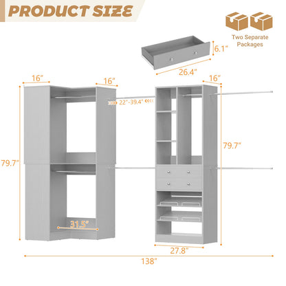 5-11.5 FT Adjustable All-In-One Closet Storage System with Drawers, Hanging Rods & Adjustable Shelves