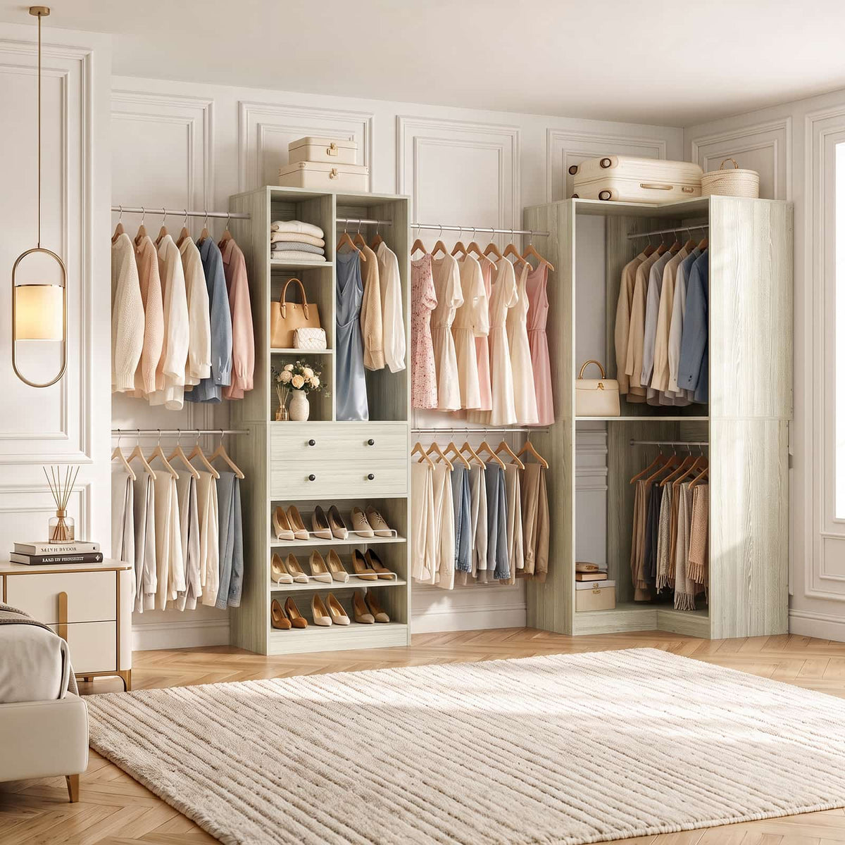 5-11.5 FT Adjustable All-In-One Closet Storage System with Drawers, Hanging Rods & Adjustable Shelves
