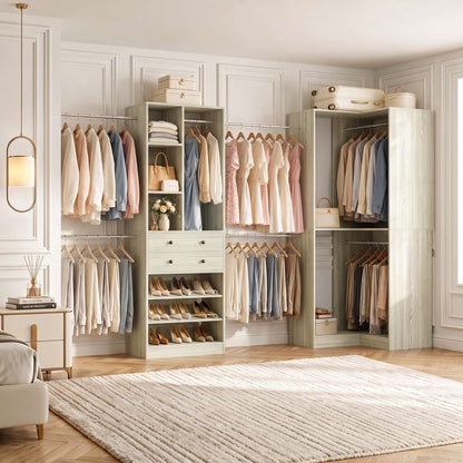 5-11.5 FT Adjustable All-In-One Closet Storage System with Drawers, Hanging Rods & Adjustable Shelves