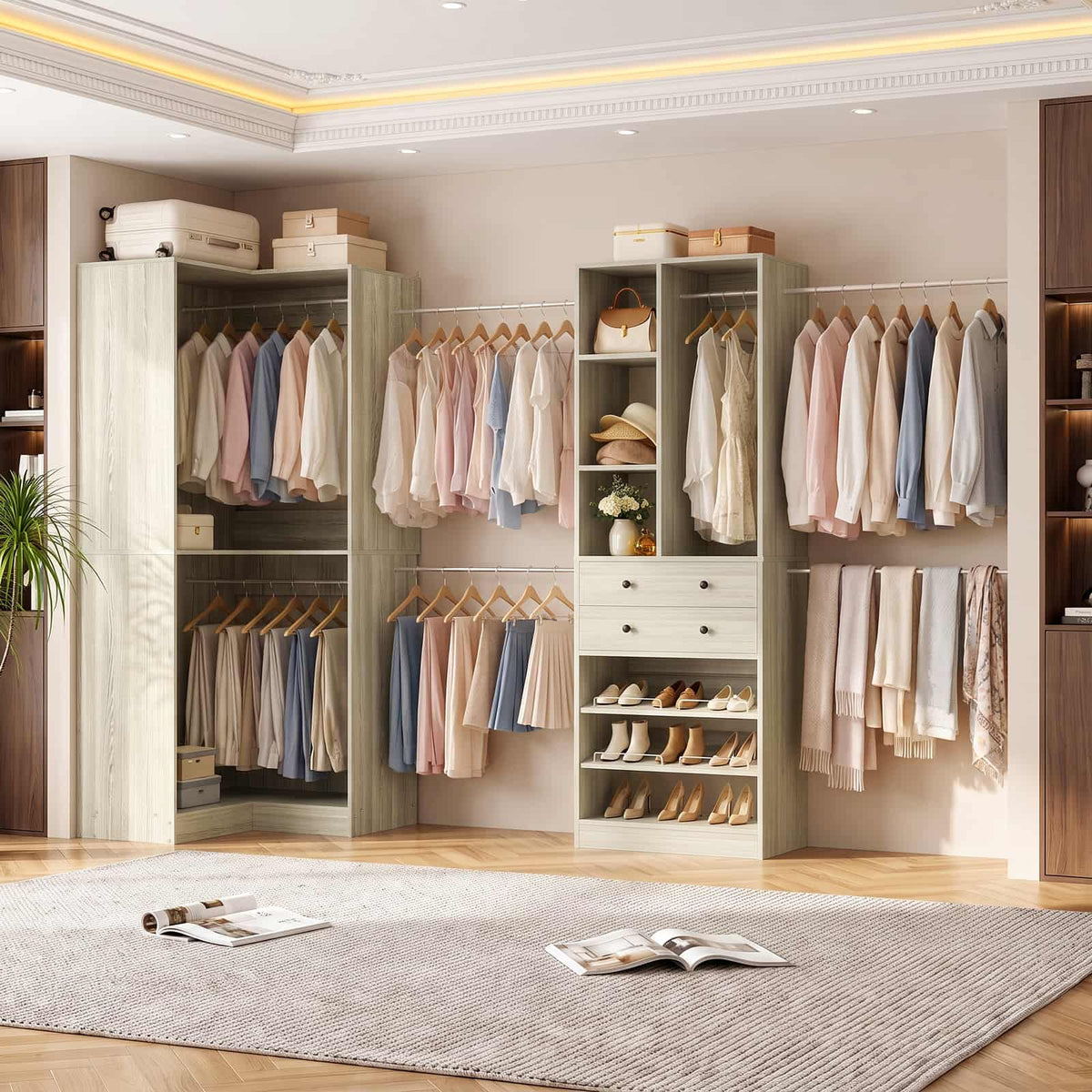 5-11.5 FT Adjustable All-In-One Closet Storage System with Drawers, Hanging Rods & Adjustable Shelves