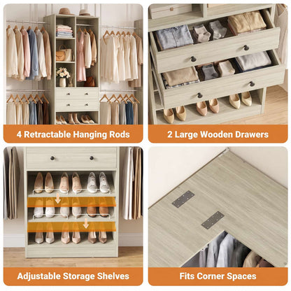 5-11.5 FT Adjustable All-In-One Closet Storage System with Drawers, Hanging Rods & Adjustable Shelves