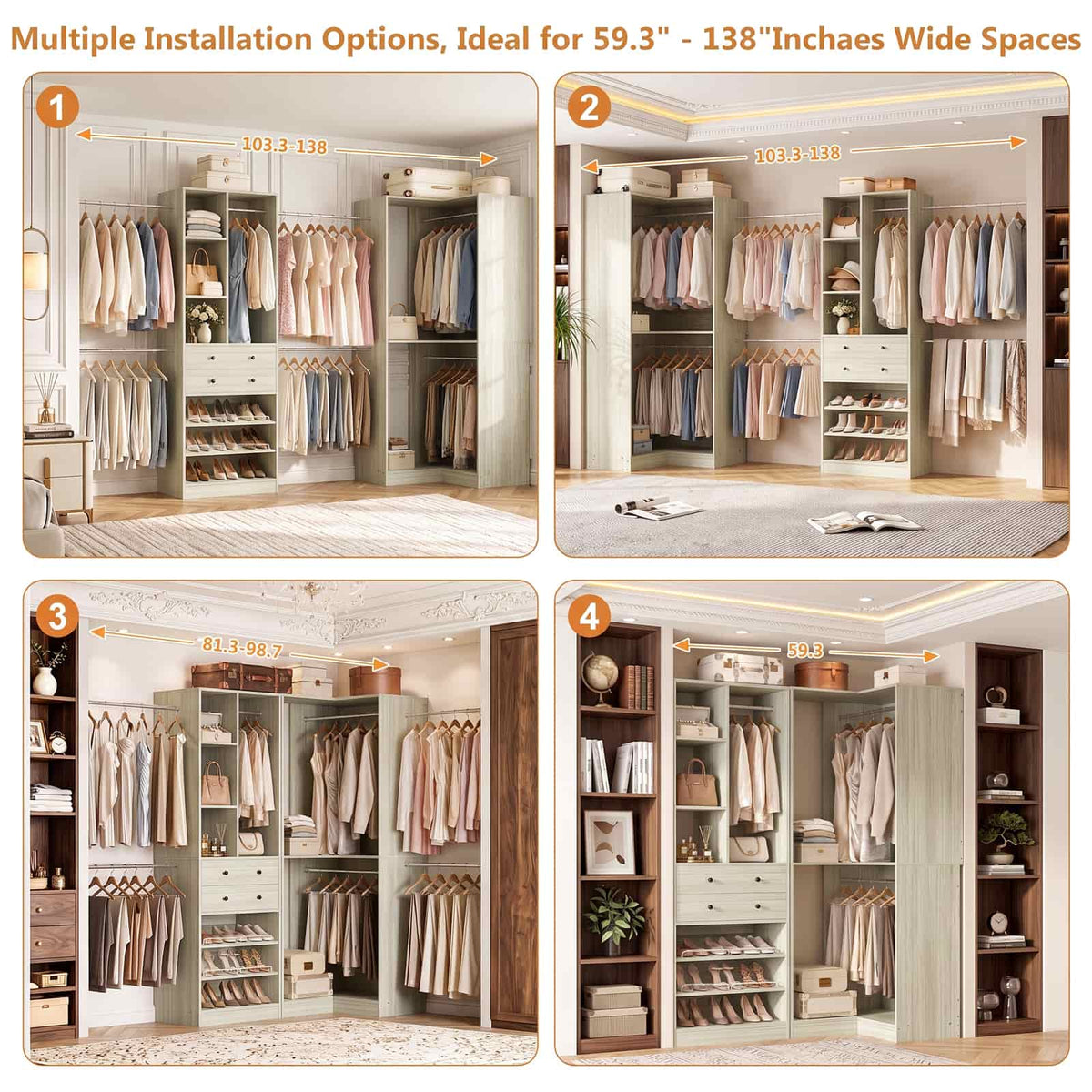 5-11.5 FT Adjustable All-In-One Closet Storage System with Drawers, Hanging Rods & Adjustable Shelves