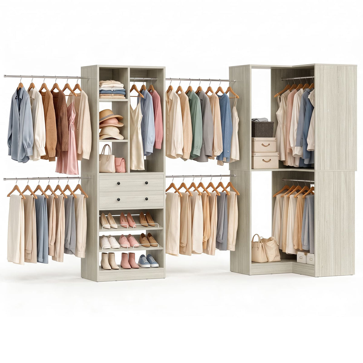 5-11.5 FT Adjustable All-In-One Closet Storage System with Drawers, Hanging Rods & Adjustable Shelves