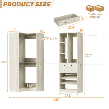5-11.5 FT Adjustable All-In-One Closet Storage System with Drawers, Hanging Rods & Adjustable Shelves