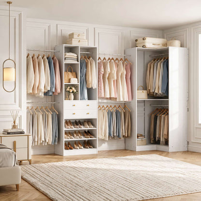 5-11.5 FT Adjustable All-In-One Closet Storage System with Drawers, Hanging Rods & Adjustable Shelves