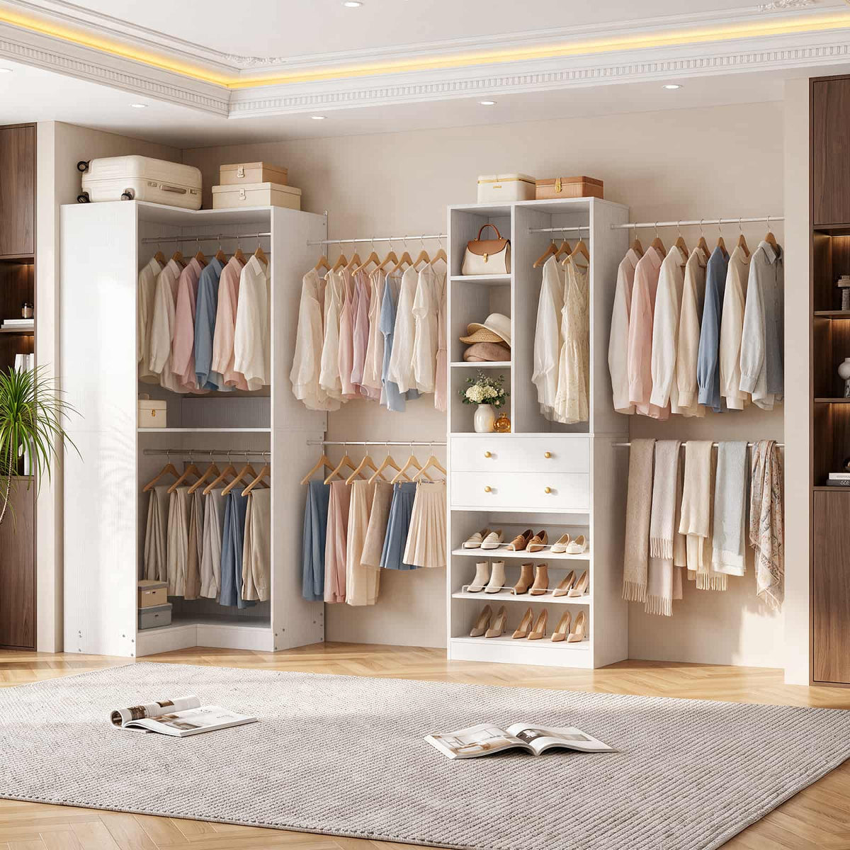 5-11.5 FT Adjustable All-In-One Closet Storage System with Drawers, Hanging Rods & Adjustable Shelves