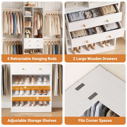 5-11.5 FT Adjustable All-In-One Closet Storage System with Drawers, Hanging Rods & Adjustable Shelves