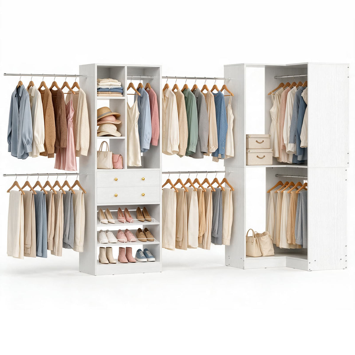 5-11.5 FT Adjustable All-In-One Closet Storage System with Drawers, Hanging Rods & Adjustable Shelves