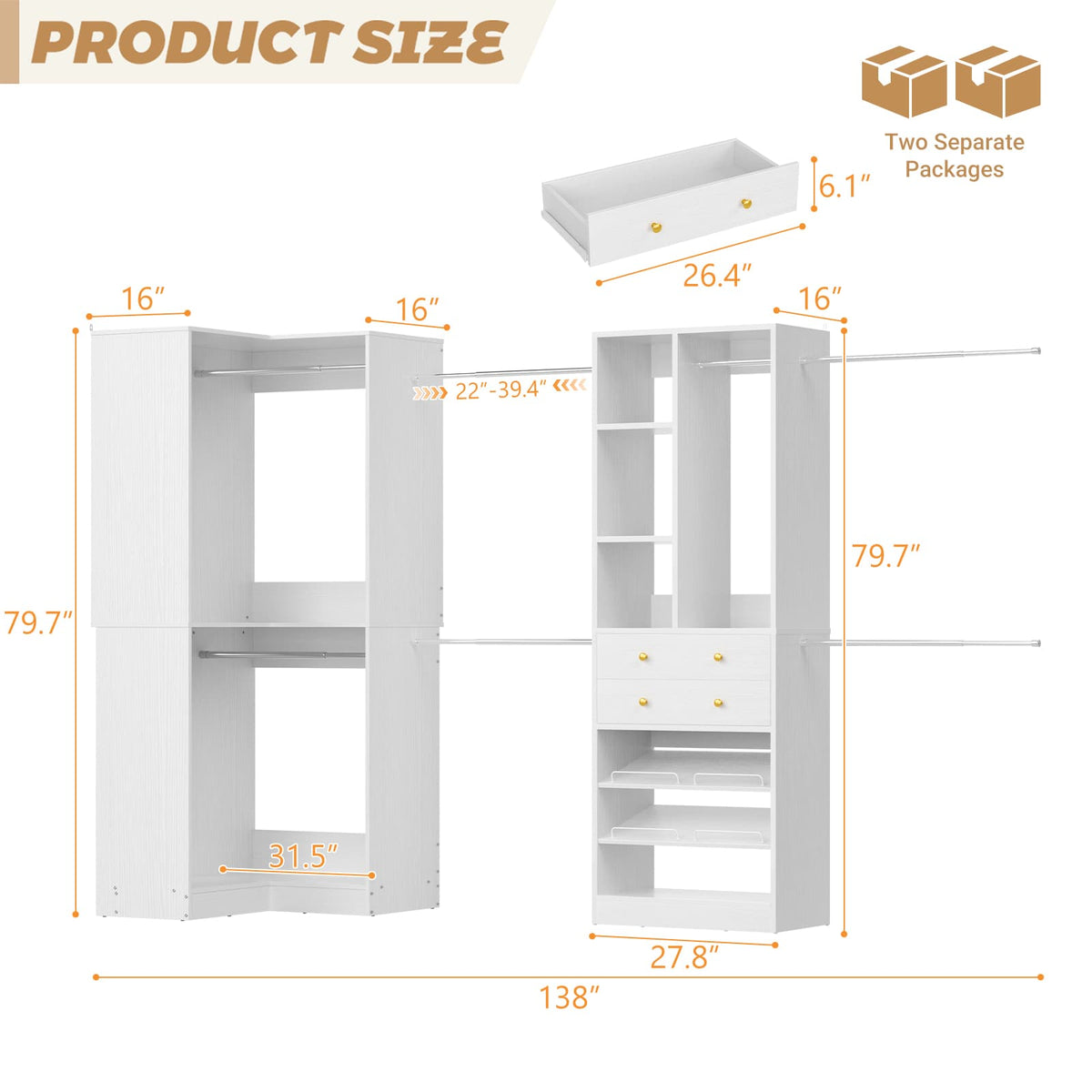 5-11.5 FT Adjustable All-In-One Closet Storage System with Drawers, Hanging Rods & Adjustable Shelves