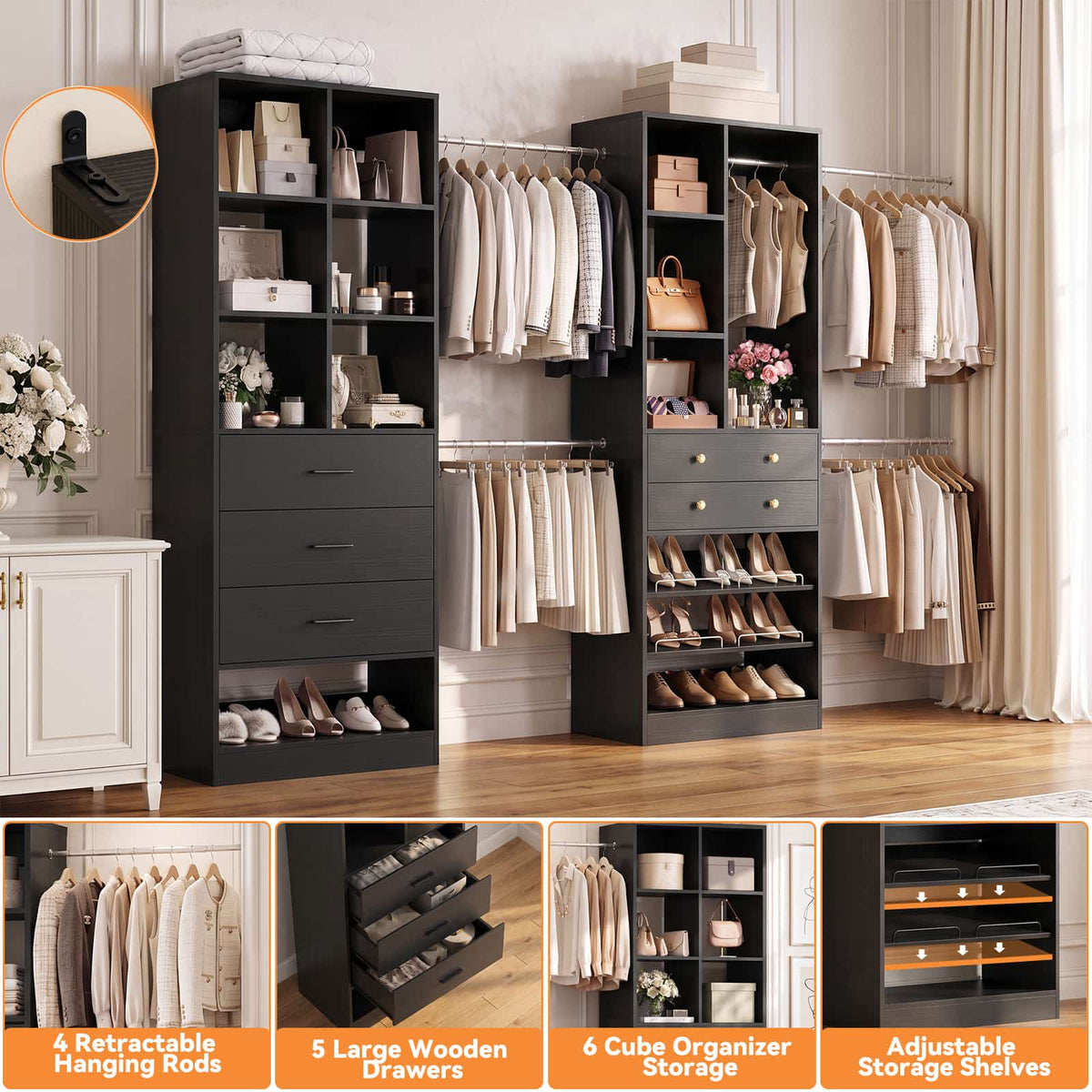 92 - 126 Inch Expandable Closet Storage System with 5 Drawers, 5 Hanging Rods & 15 Shelves