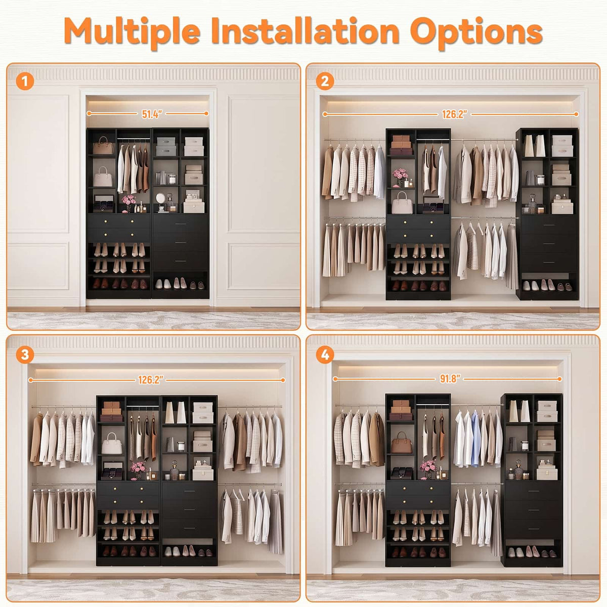 92 - 126 Inch Expandable Closet Storage System with 5 Drawers, 5 Hanging Rods & 15 Shelves