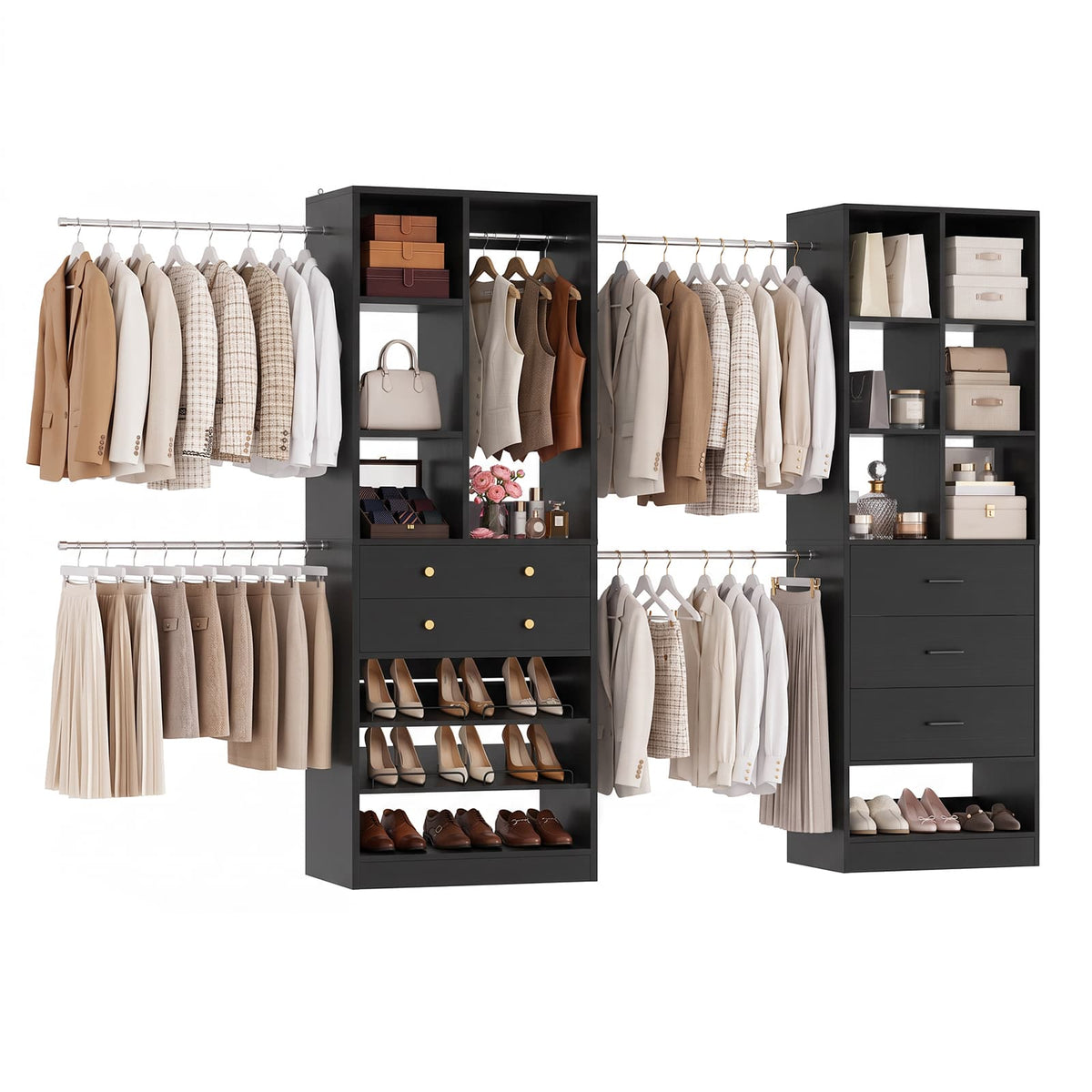 92 - 126 Inch Expandable Closet Storage System with 5 Drawers, 5 Hanging Rods & 15 Shelves