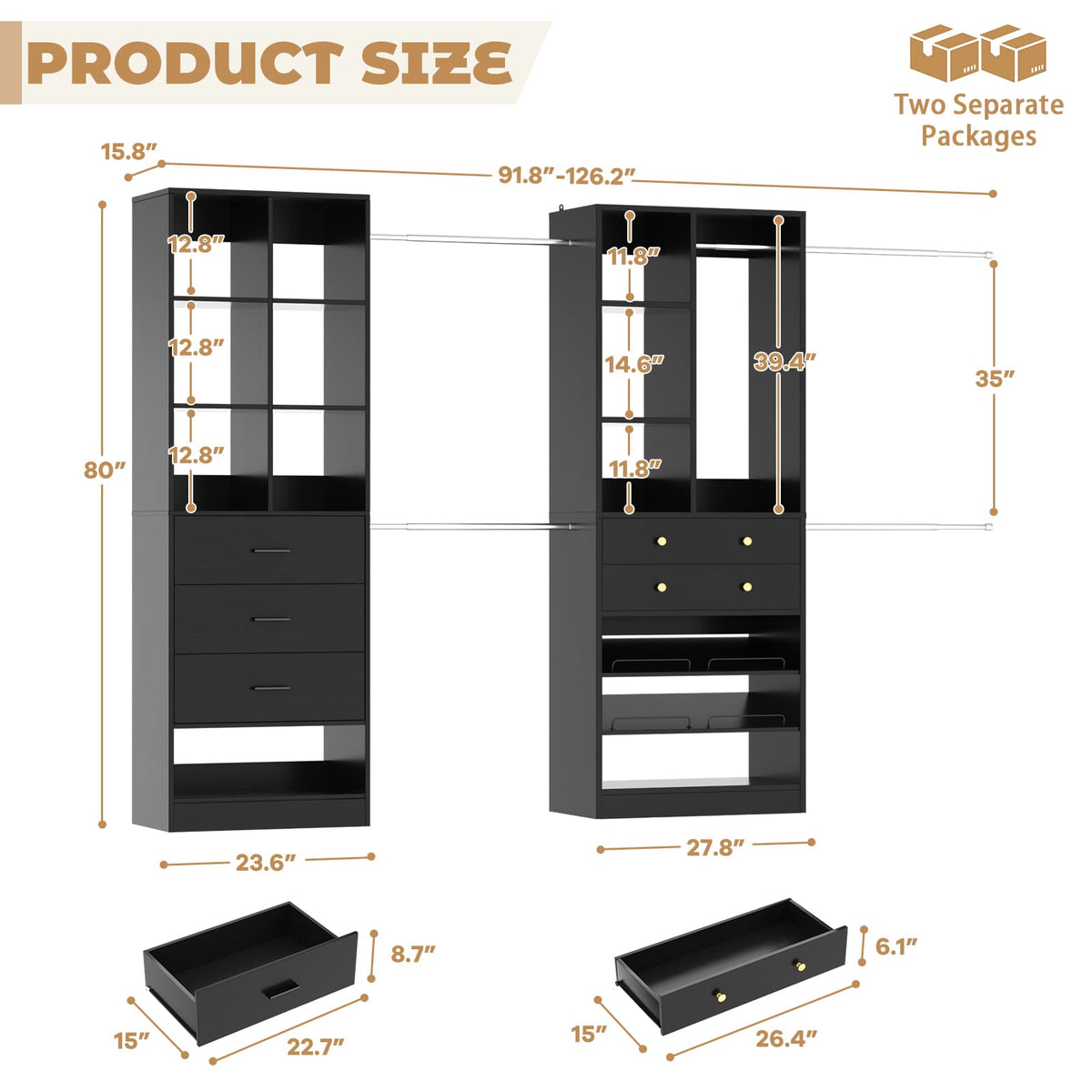 92 - 126 Inch Expandable Closet Storage System with 5 Drawers, 5 Hanging Rods & 15 Shelves
