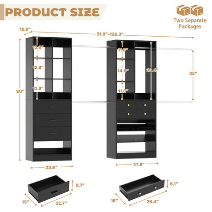 92 - 126 Inch Expandable Closet Storage System with 5 Drawers, 5 Hanging Rods & 15 Shelves