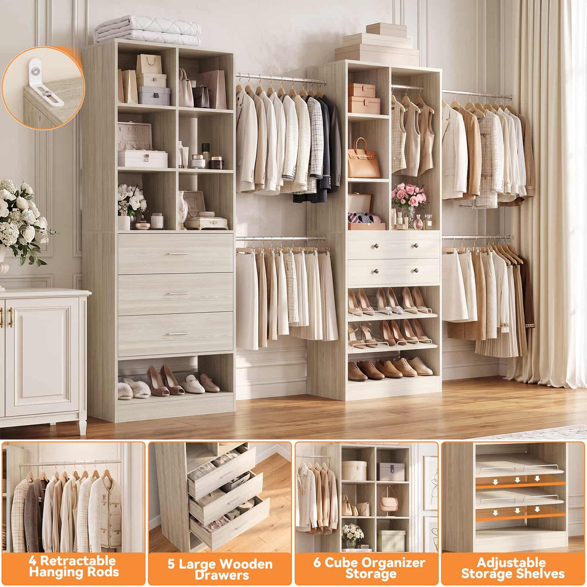 92 - 126 Inch Expandable Closet Storage System with 5 Drawers, 5 Hanging Rods & 15 Shelves