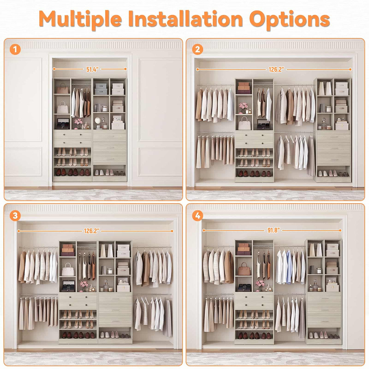 92 - 126 Inch Expandable Closet Storage System with 5 Drawers, 5 Hanging Rods & 15 Shelves