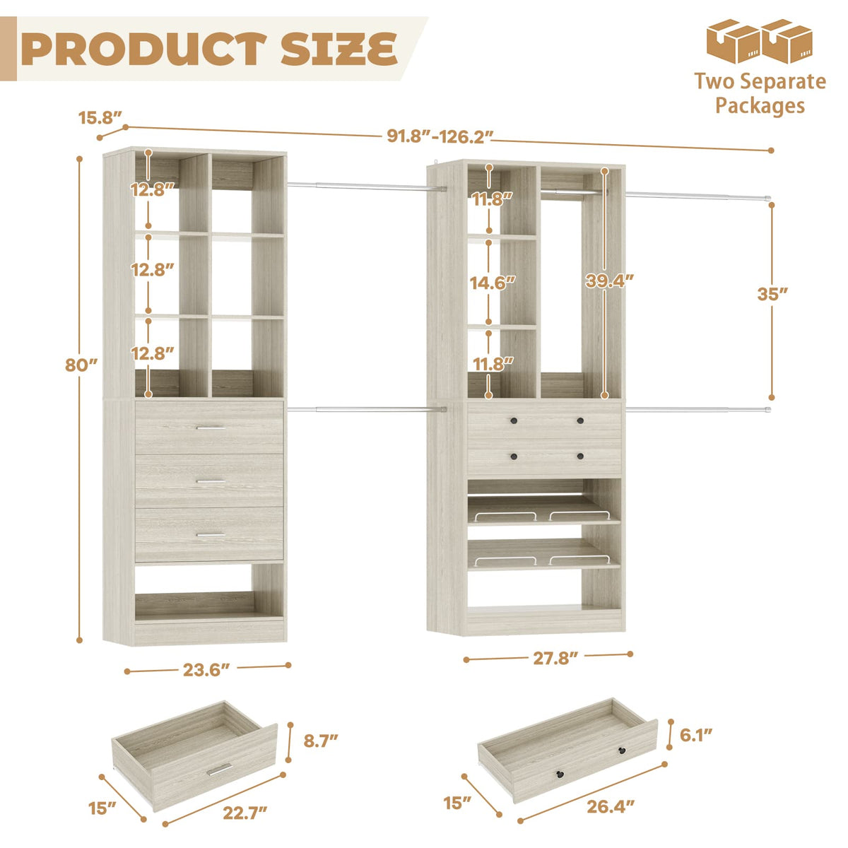 92 - 126 Inch Expandable Closet Storage System with 5 Drawers, 5 Hanging Rods & 15 Shelves
