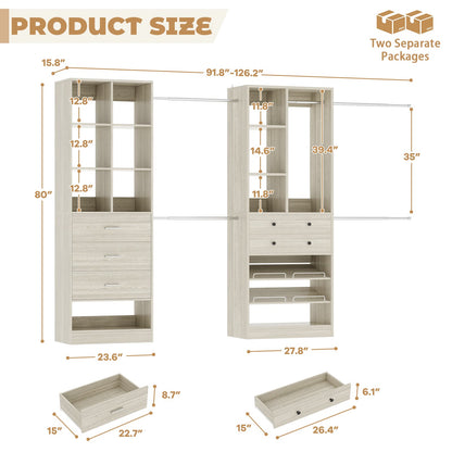 92 - 126 Inch Expandable Closet Storage System with 5 Drawers, 5 Hanging Rods & 15 Shelves