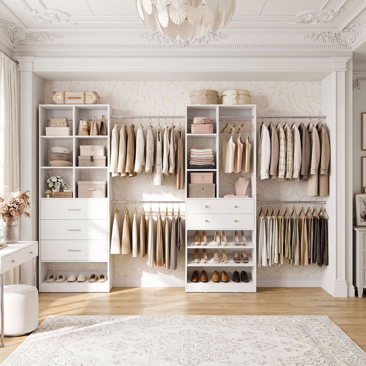 92 - 126 Inch Expandable Closet Storage System with 5 Drawers, 5 Hanging Rods & 15 Shelves