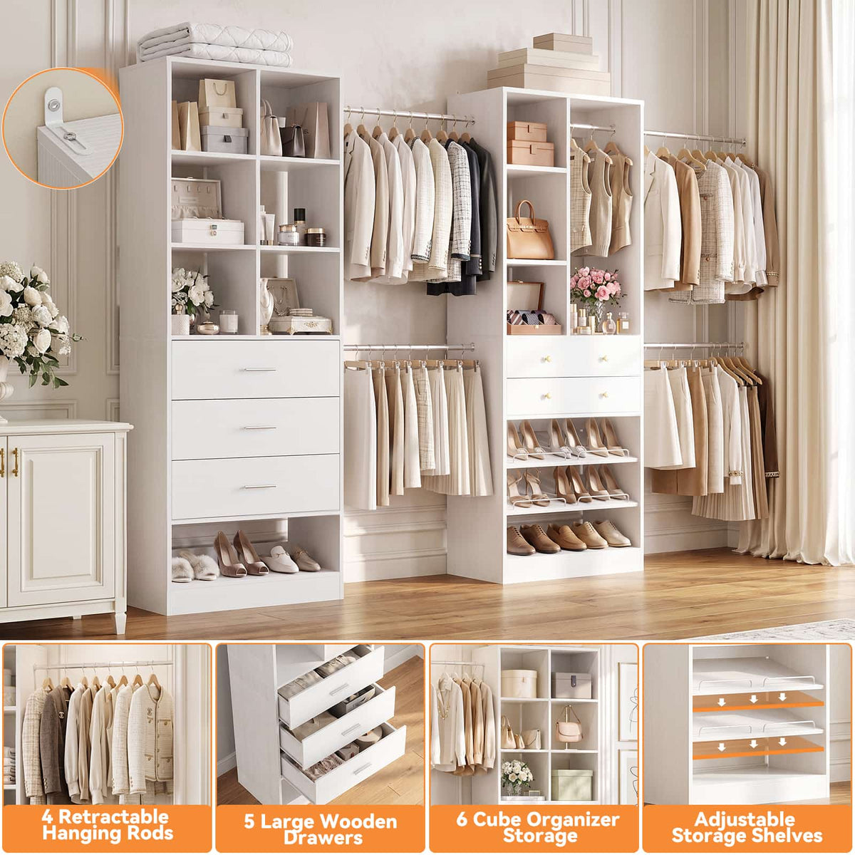 92 - 126 Inch Expandable Closet Storage System with 5 Drawers, 5 Hanging Rods & 15 Shelves