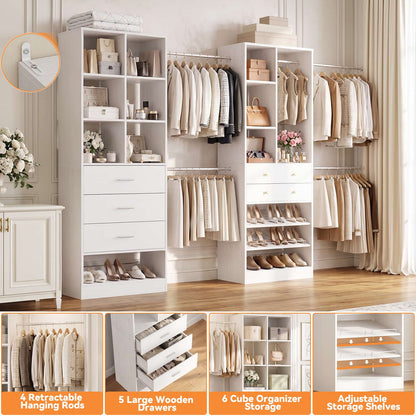 92 - 126 Inch Expandable Closet Storage System with 5 Drawers, 5 Hanging Rods & 15 Shelves