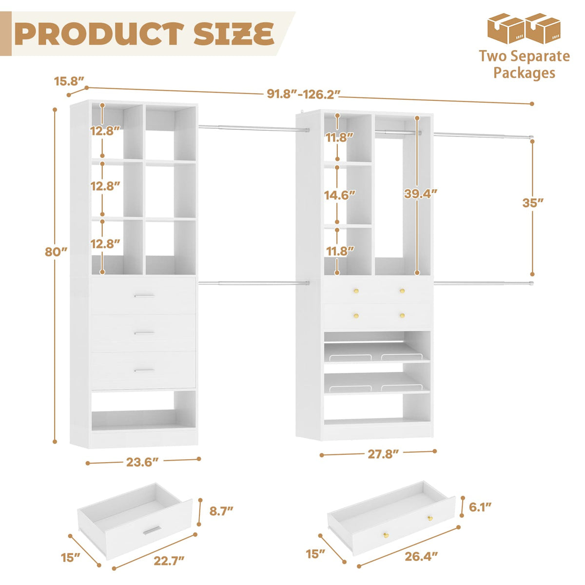 92 - 126 Inch Expandable Closet Storage System with 5 Drawers, 5 Hanging Rods & 15 Shelves