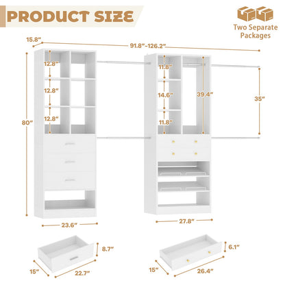 92 - 126 Inch Expandable Closet Storage System with 5 Drawers, 5 Hanging Rods & 15 Shelves
