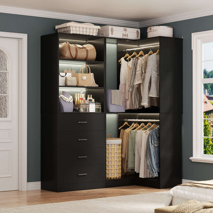4.4FT Freestanding Closet System with 4 Drawers, Walk-in Closet Organizer System with Shelves & 2 Hanging Rods