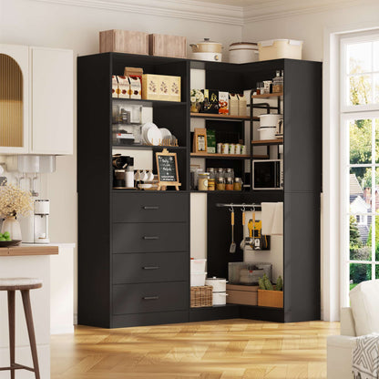 4.4FT Freestanding Closet System with 4 Drawers, Walk-in Closet Organizer System with Shelves & 2 Hanging Rods