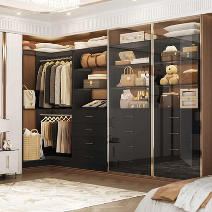 4.4FT Freestanding Closet System with 4 Drawers, Walk-in Closet Organizer System with Shelves & 2 Hanging Rods