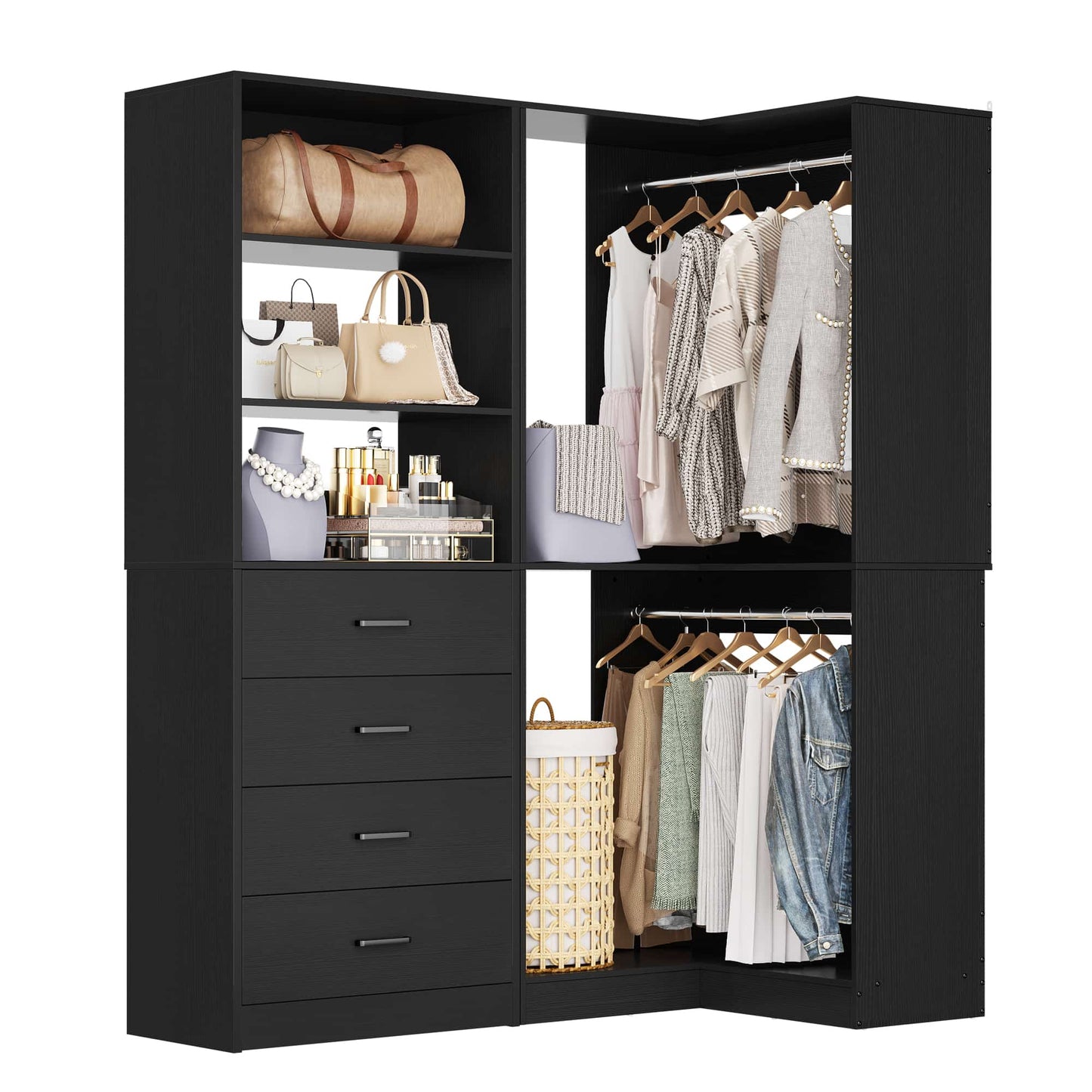 4.4FT Freestanding Closet System with 4 Drawers, Walk-in Closet Organizer System with Shelves & 2 Hanging Rods