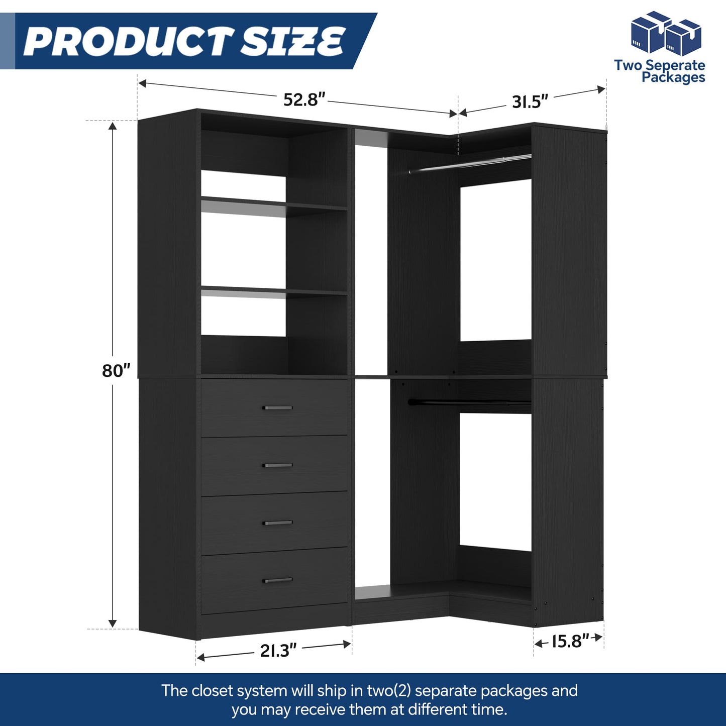 4.4FT Freestanding Closet System with 4 Drawers, Walk-in Closet Organizer System with Shelves & 2 Hanging Rods