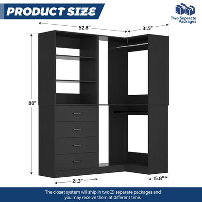 4.4FT Freestanding Closet System with 4 Drawers, Walk-in Closet Organizer System with Shelves & 2 Hanging Rods