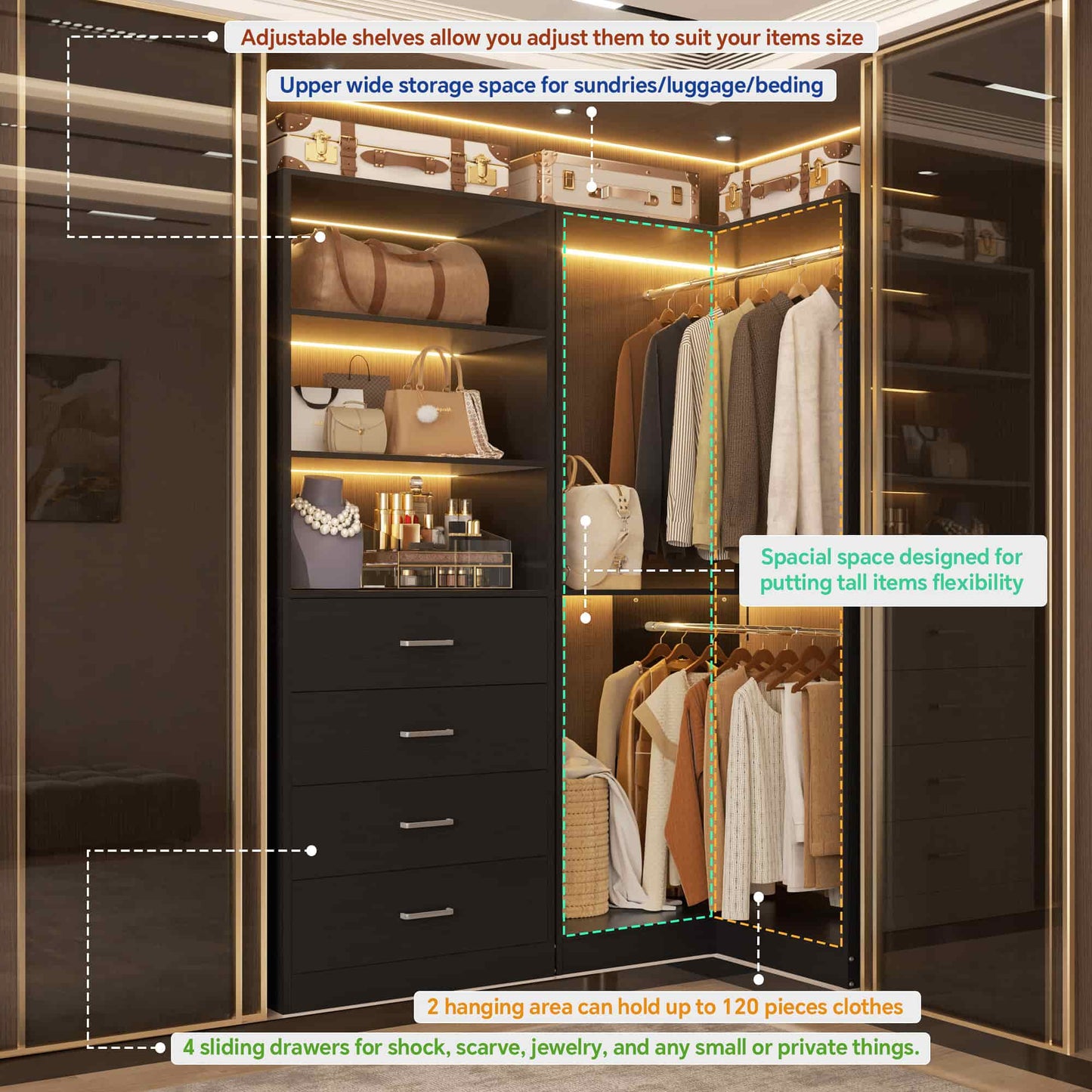 4.4FT Freestanding Closet System with 4 Drawers, Walk-in Closet Organizer System with Shelves & 2 Hanging Rods