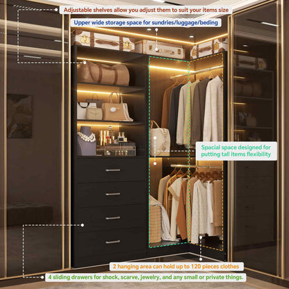 4.4FT Freestanding Closet System with 4 Drawers, Walk-in Closet Organizer System with Shelves & 2 Hanging Rods