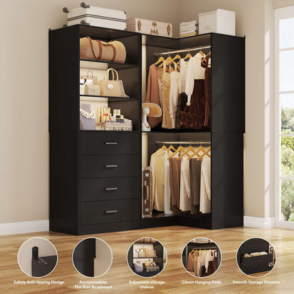 4.4FT Freestanding Closet System with 4 Drawers, Walk-in Closet Organizer System with Shelves & 2 Hanging Rods