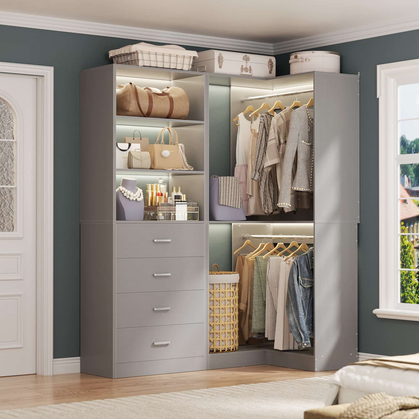 4.4FT Freestanding Closet System with 4 Drawers, Walk-in Closet Organizer System with Shelves & 2 Hanging Rods