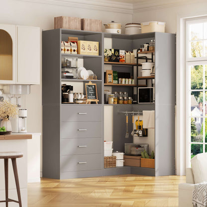 4.4FT Freestanding Closet System with 4 Drawers, Walk-in Closet Organizer System with Shelves & 2 Hanging Rods