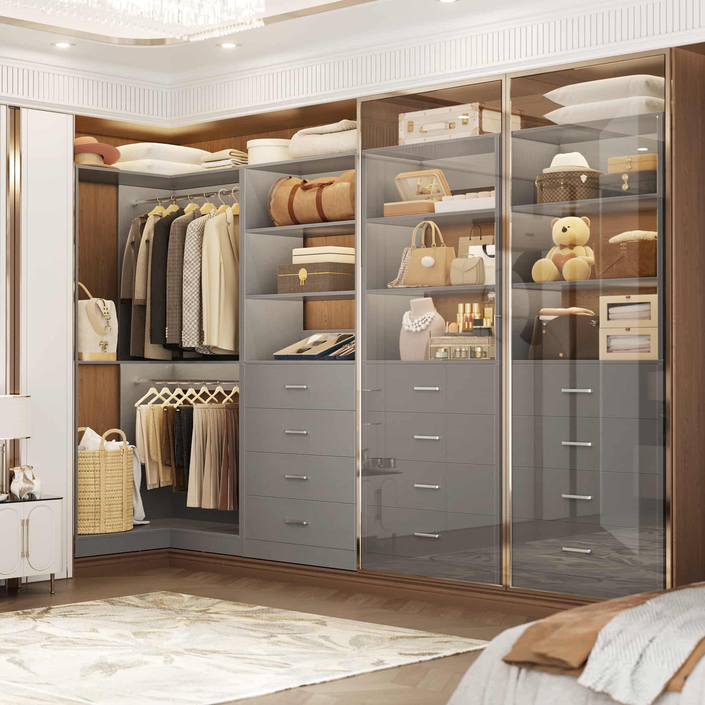4.4FT Freestanding Closet System with 4 Drawers, Walk-in Closet Organizer System with Shelves & 2 Hanging Rods