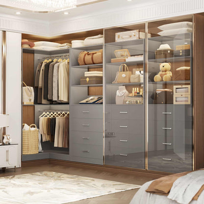 4.4FT Freestanding Closet System with 4 Drawers, Walk-in Closet Organizer System with Shelves & 2 Hanging Rods