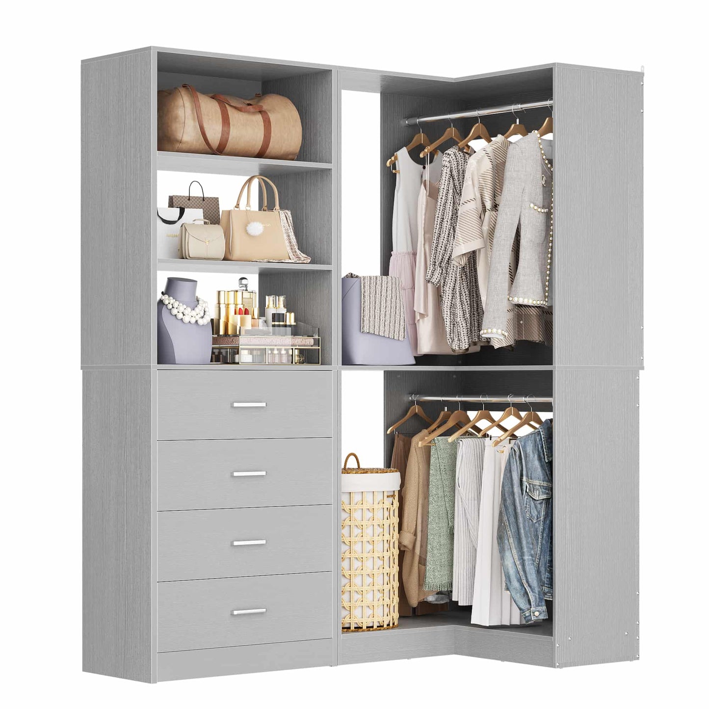4.4FT Freestanding Closet System with 4 Drawers, Walk-in Closet Organizer System with Shelves & 2 Hanging Rods