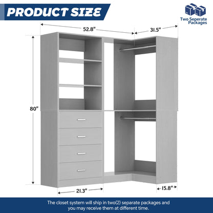 4.4FT Freestanding Closet System with 4 Drawers, Walk-in Closet Organizer System with Shelves & 2 Hanging Rods