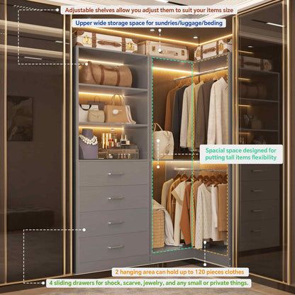 4.4FT Freestanding Closet System with 4 Drawers, Walk-in Closet Organizer System with Shelves & 2 Hanging Rods