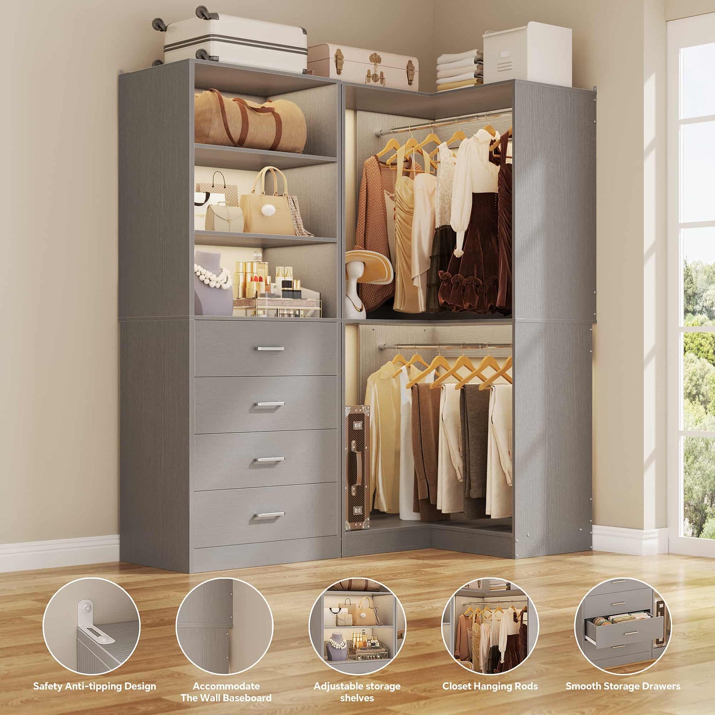 4.4FT Freestanding Closet System with 4 Drawers, Walk-in Closet Organizer System with Shelves & 2 Hanging Rods
