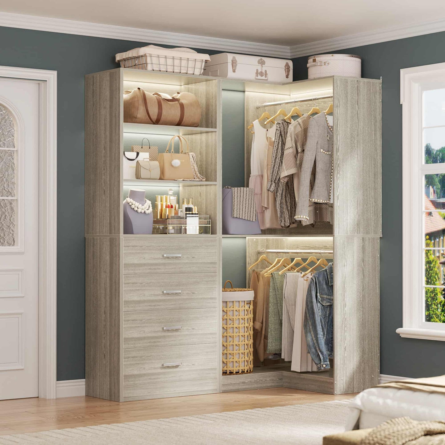4.4FT Freestanding Closet System with 4 Drawers, Walk-in Closet Organizer System with Shelves & 2 Hanging Rods