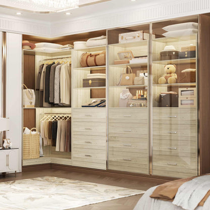 4.4FT Freestanding Closet System with 4 Drawers, Walk-in Closet Organizer System with Shelves & 2 Hanging Rods