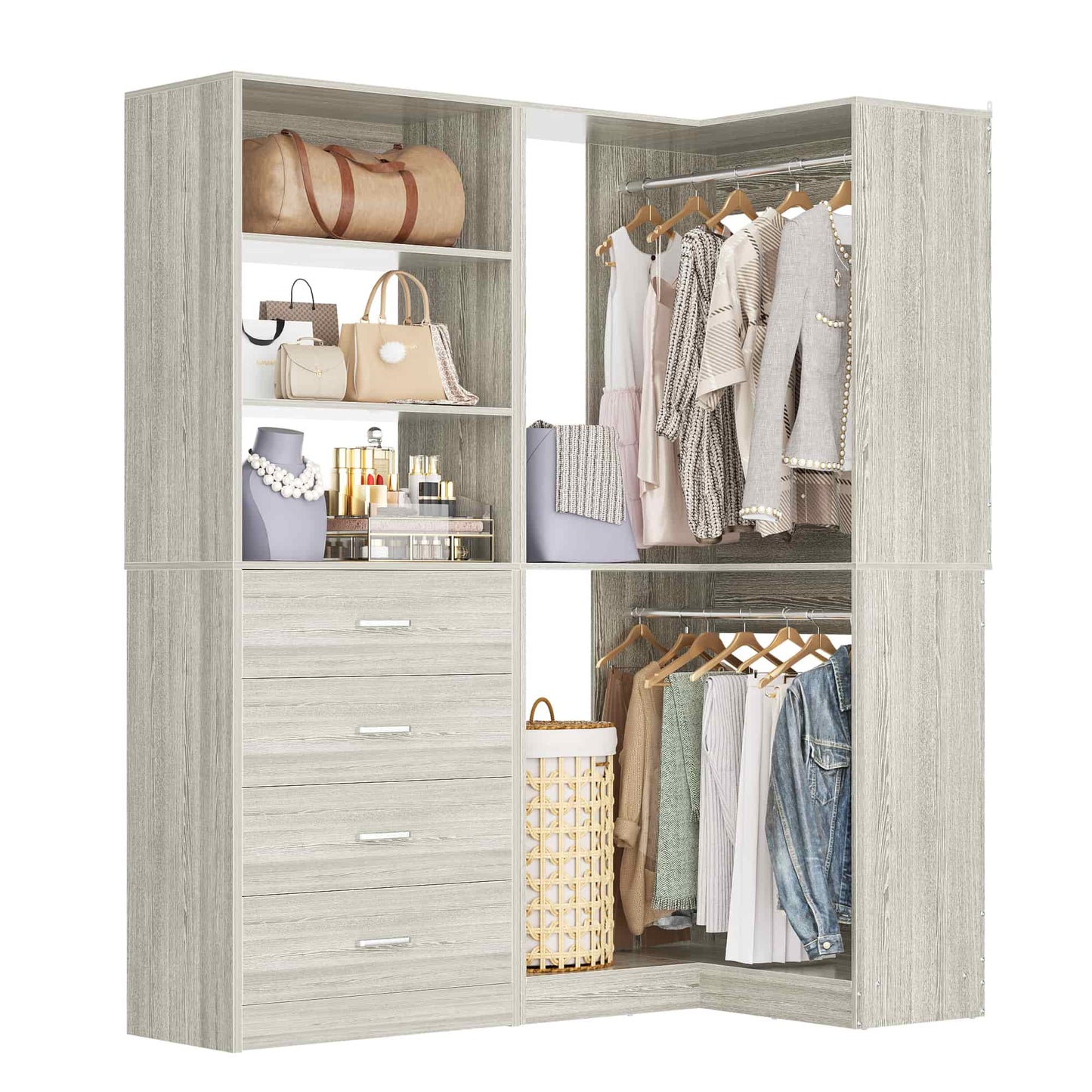 4.4FT Freestanding Closet System with 4 Drawers, Walk-in Closet Organizer System with Shelves & 2 Hanging Rods