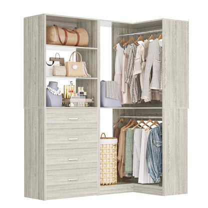 4.4FT Freestanding Closet System with 4 Drawers, Walk-in Closet Organizer System with Shelves & 2 Hanging Rods
